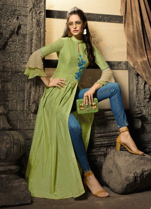 Designer Kurti Online Germany Green Linen Cotton Party Wear Indo Western Kurti Meave 7907 By Maisha SC 016332 Size XL